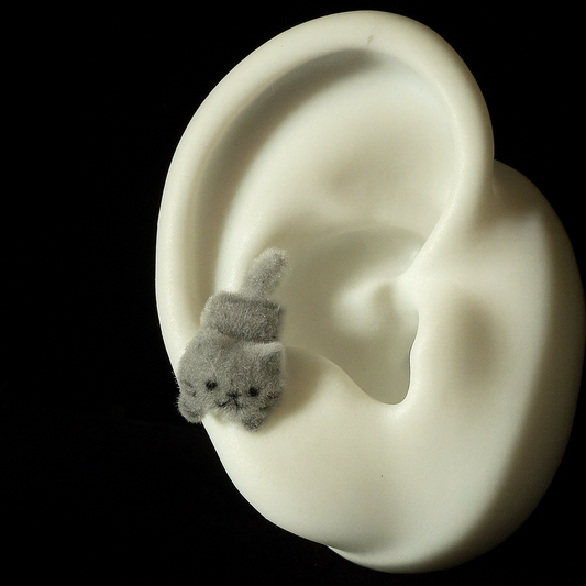 Fluffy grey cat titanium piercing stud with soft velvet texture — kawaii hypoallergenic earring by Kawaii Piercing Club