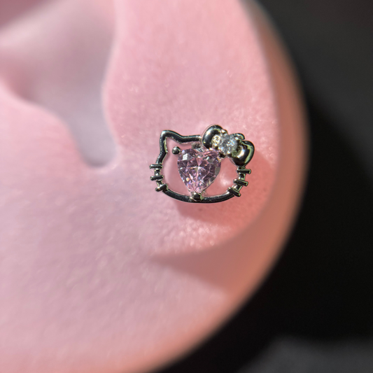 Pink Crystal Heart Kitty Stud Earring | 316L Stainless Steel Piercing Jewelry