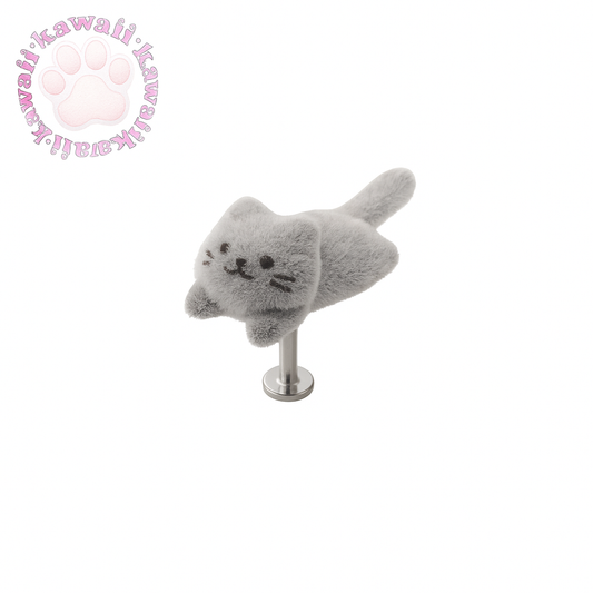 Kawaii Fluffy Grey Cat Titanium Piercing Stud | Velvet Texture Kitty Earring Hypoallergenic Jewelry