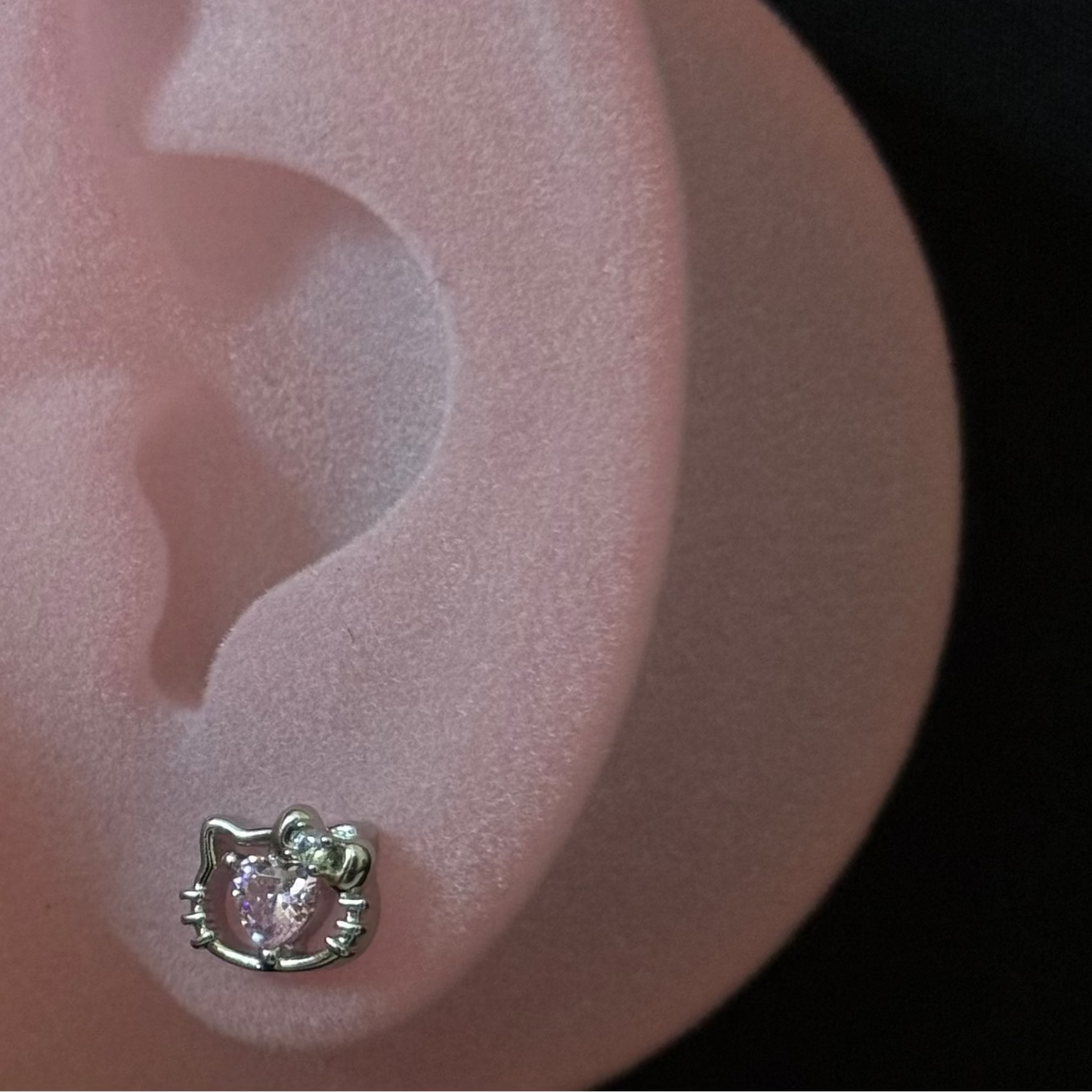 Pink Crystal Heart Kitty Stud Earring | 316L Stainless Steel Piercing Jewelry