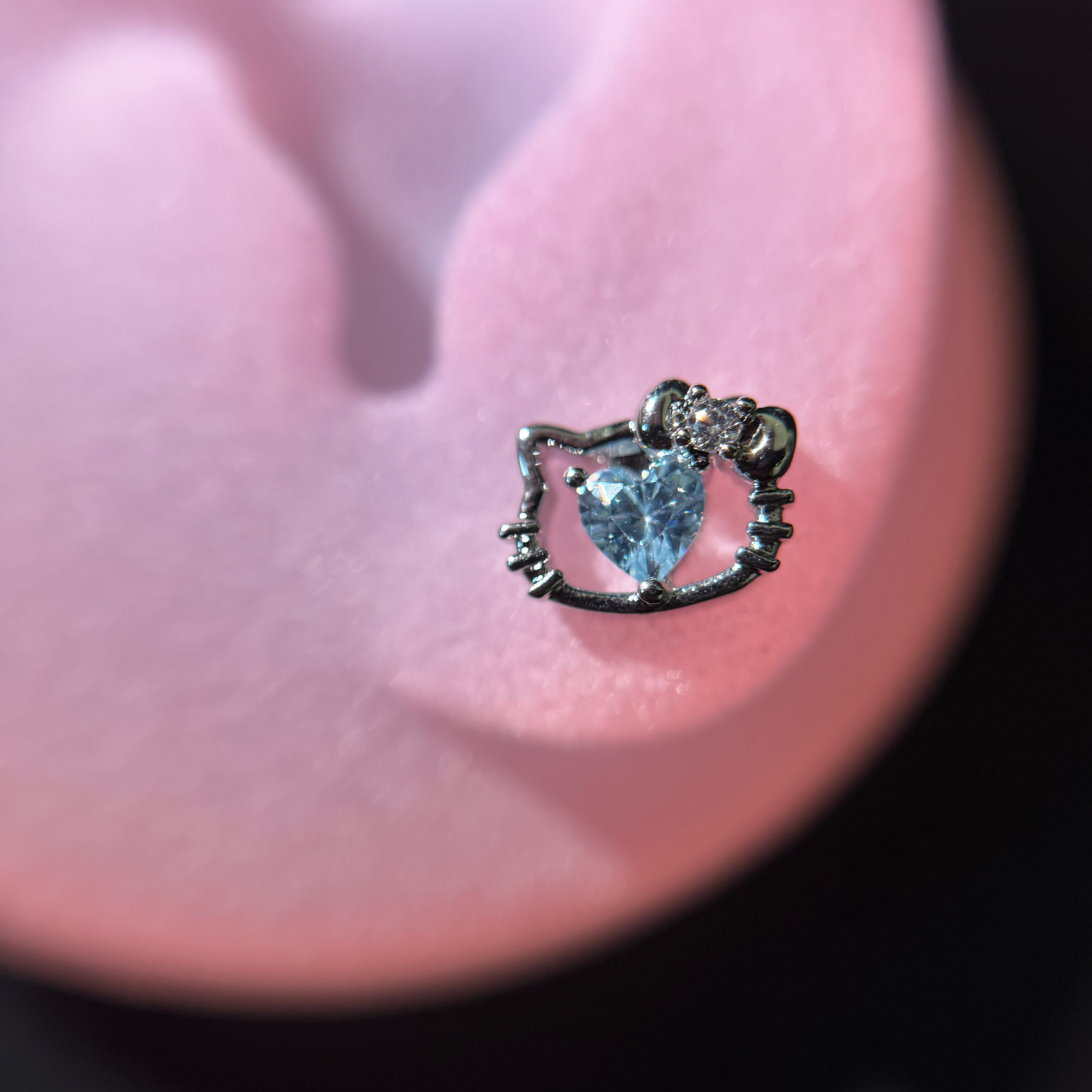Pink Crystal Heart Kitty Stud Earring | 316L Stainless Steel Piercing Jewelry