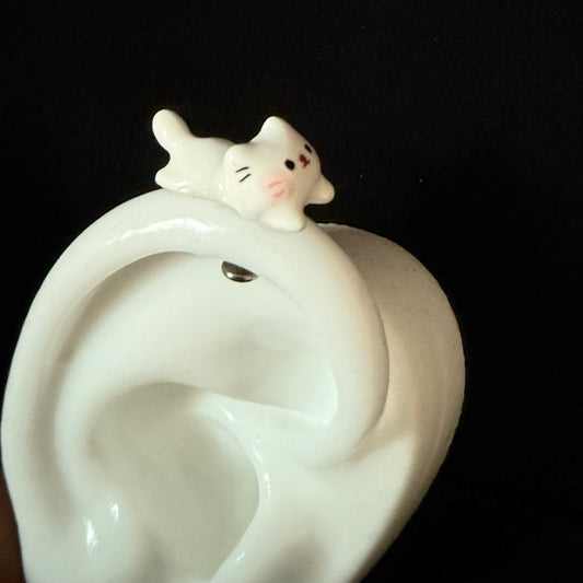 Kawaii White Cat Titanium Piercing Stud | Cute Kitty Earring Hypoallergenic