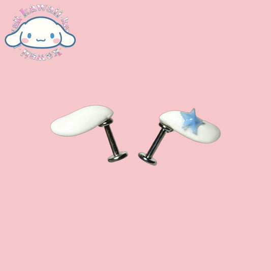 Pair of white earrings with star-shaped ends on a pink background with a cloud character logo.