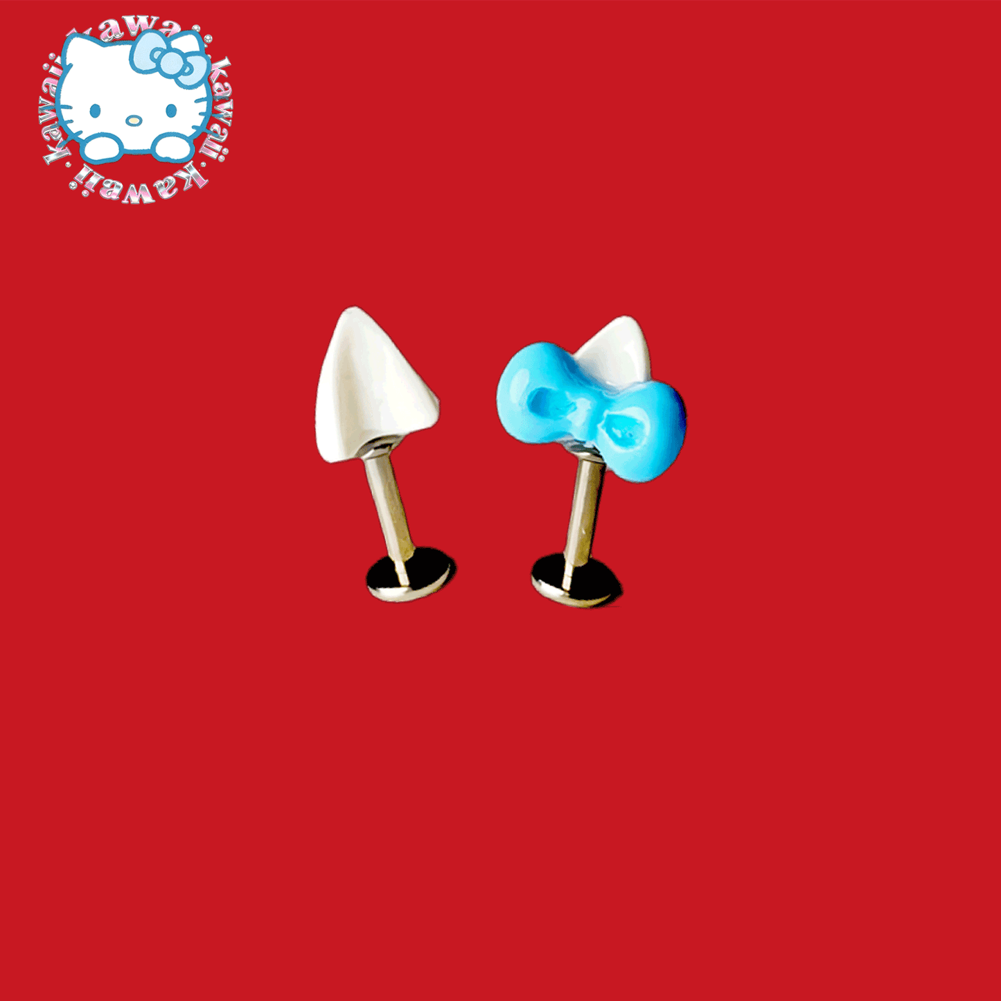 Kitty Ear Blue Bow Titanium Helix Stud | Cute Cartilage Piercing Pair